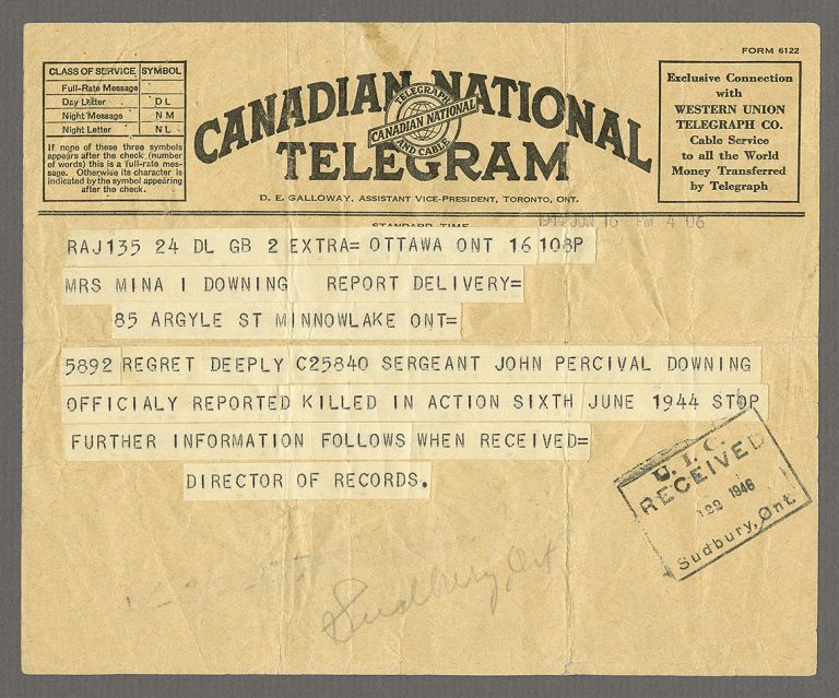 John-Percival Downing Telegram 16 June 1944 Ottawa 2016 by Leslie Hossack